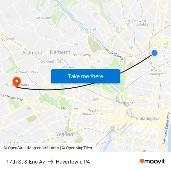 17th St & Erie Av to Havertown, PA map