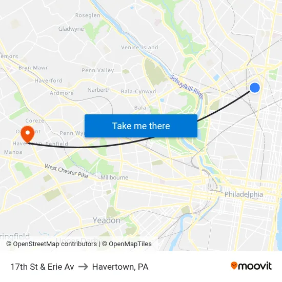 17th St & Erie Av to Havertown, PA map