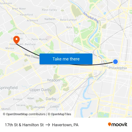 17th St & Hamilton St to Havertown, PA map