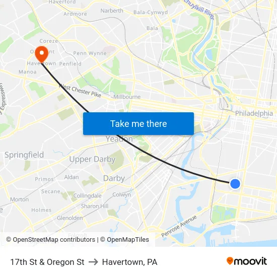17th St & Oregon St to Havertown, PA map