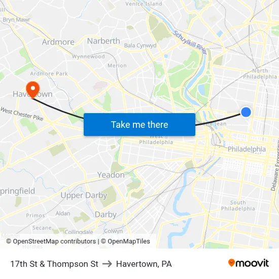 17th St & Thompson St to Havertown, PA map