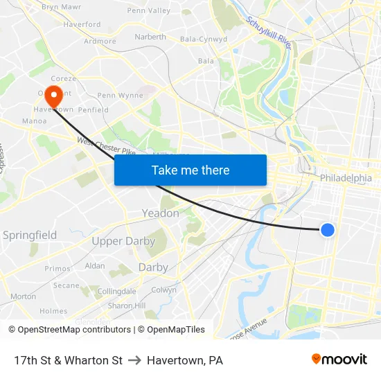 17th St & Wharton St to Havertown, PA map