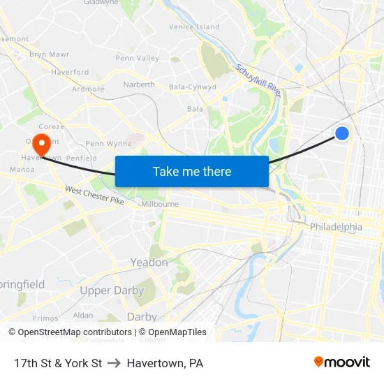 17th St & York St to Havertown, PA map