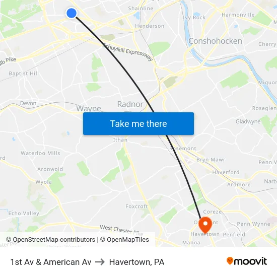 1st Av & American Av to Havertown, PA map
