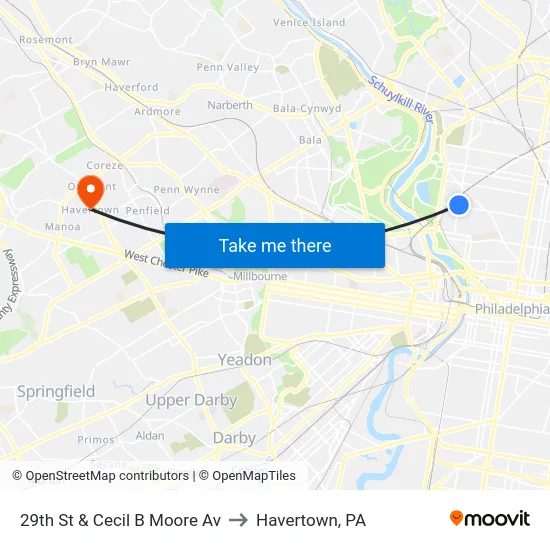 29th St & Cecil B Moore Av to Havertown, PA map