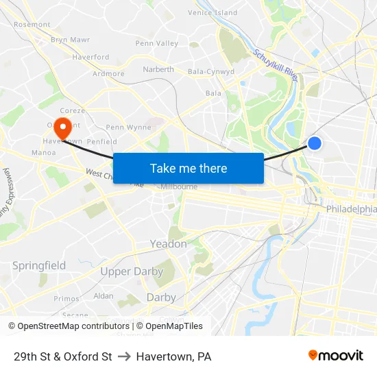 29th St & Oxford St to Havertown, PA map