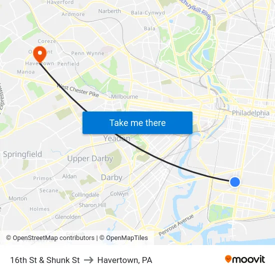 16th St & Shunk St to Havertown, PA map