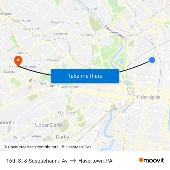 16th St & Susquehanna Av to Havertown, PA map