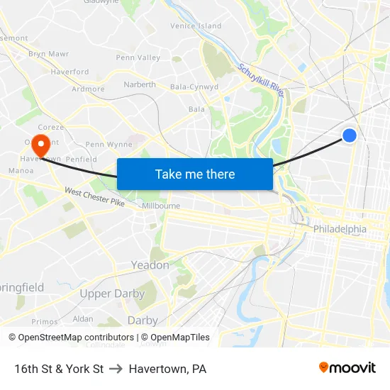 16th St & York St to Havertown, PA map
