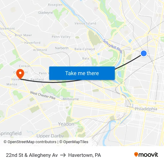 22nd St & Allegheny Av to Havertown, PA map