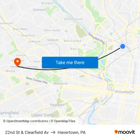 22nd St & Clearfield Av to Havertown, PA map