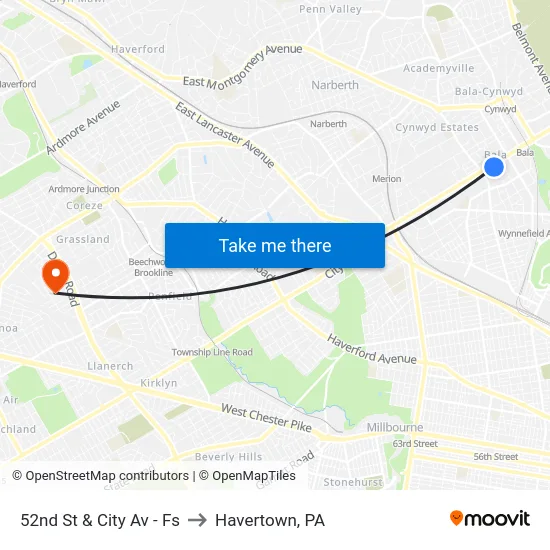 52nd St & City Av - Fs to Havertown, PA map