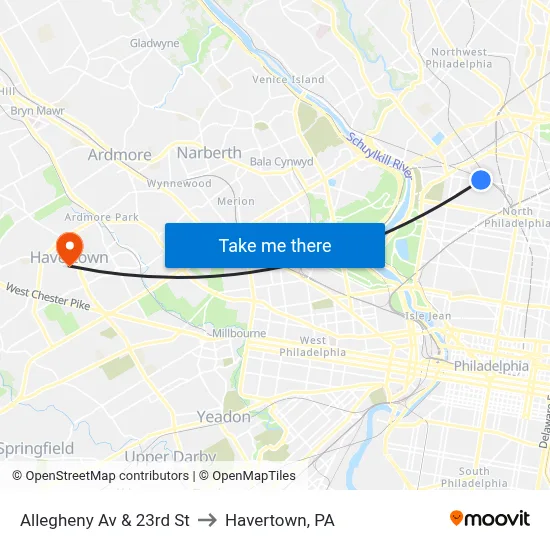 Allegheny Av & 23rd St to Havertown, PA map