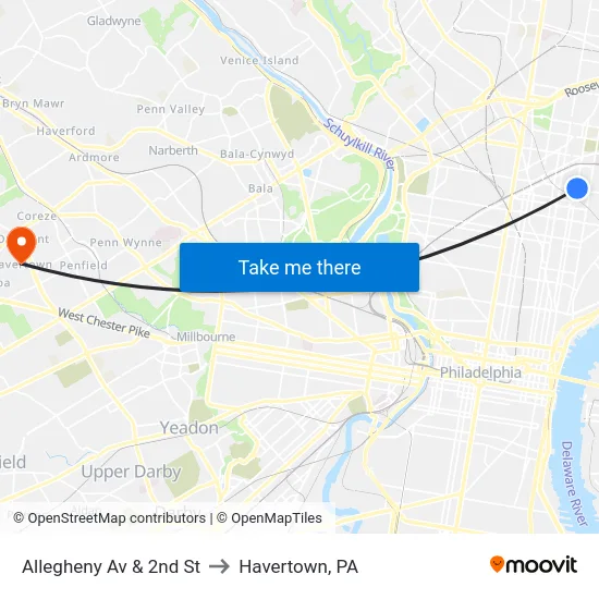 Allegheny Av & 2nd St to Havertown, PA map