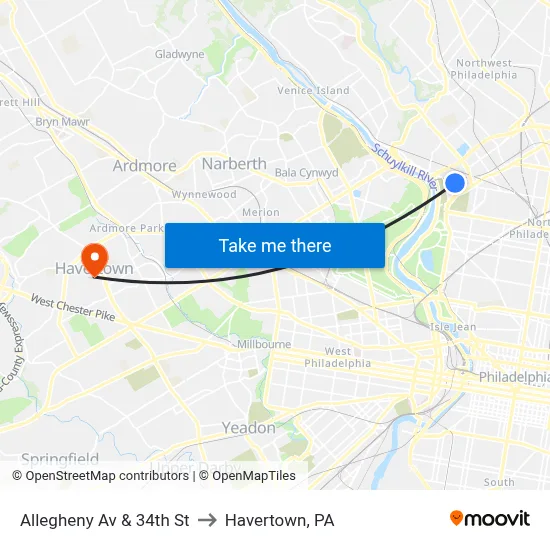Allegheny Av & 34th St to Havertown, PA map