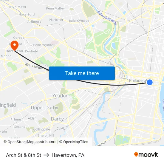 Arch St & 8th St to Havertown, PA map