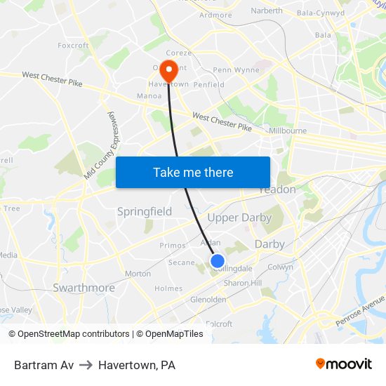 Bartram Av to Havertown, PA map