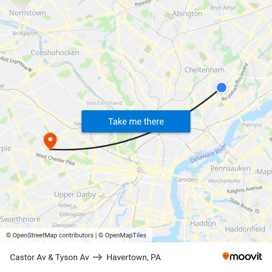 Castor Av & Tyson Av to Havertown, PA map