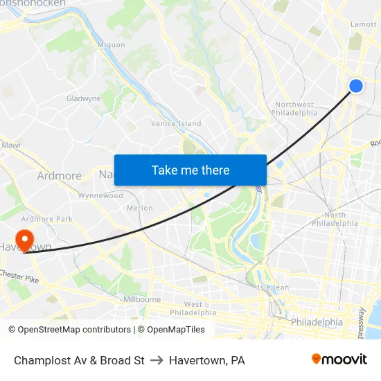 Champlost Av & Broad St to Havertown, PA map