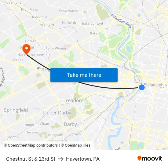 Chestnut St & 23rd St to Havertown, PA map