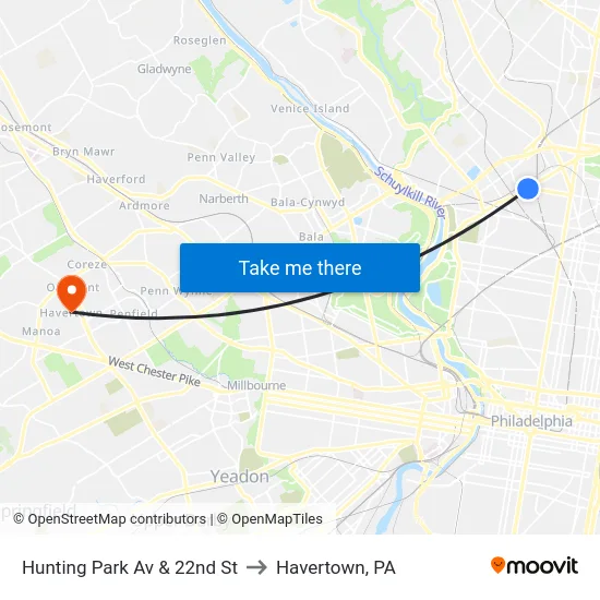 Hunting Park Av & 22nd St to Havertown, PA map