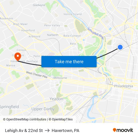Lehigh Av & 22nd St to Havertown, PA map