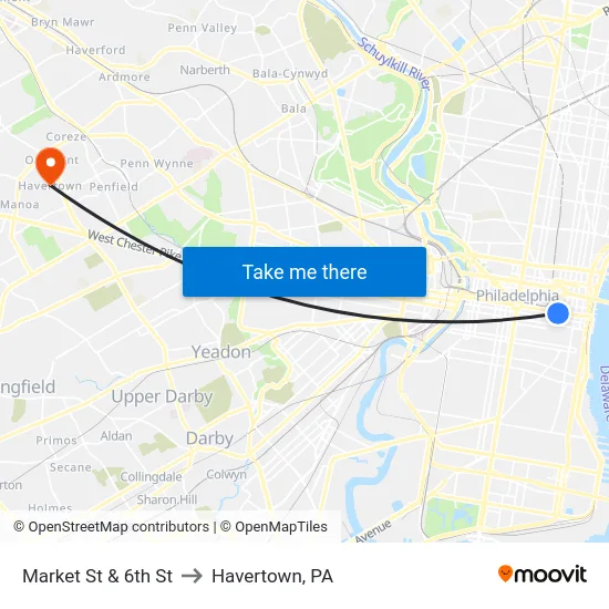 Market St & 6th St to Havertown, PA map