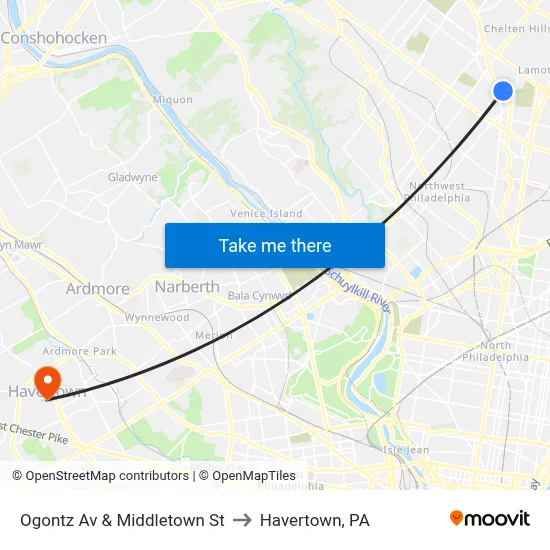 Ogontz Av & Middletown St to Havertown, PA map