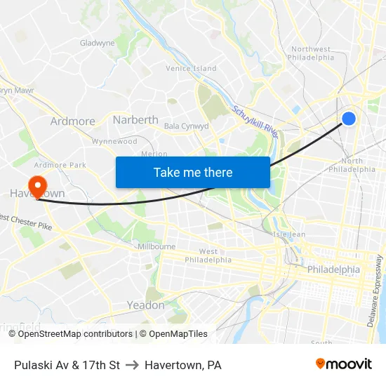 Pulaski Av & 17th St to Havertown, PA map