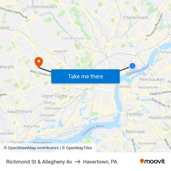 Richmond St & Allegheny Av to Havertown, PA map