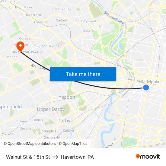 Walnut St & 15th St to Havertown, PA map