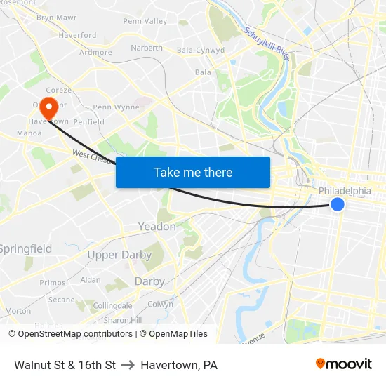 Walnut St & 16th St to Havertown, PA map