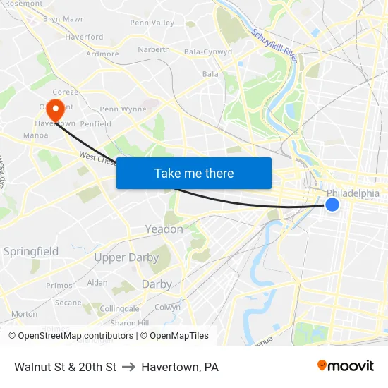 Walnut St & 20th St to Havertown, PA map