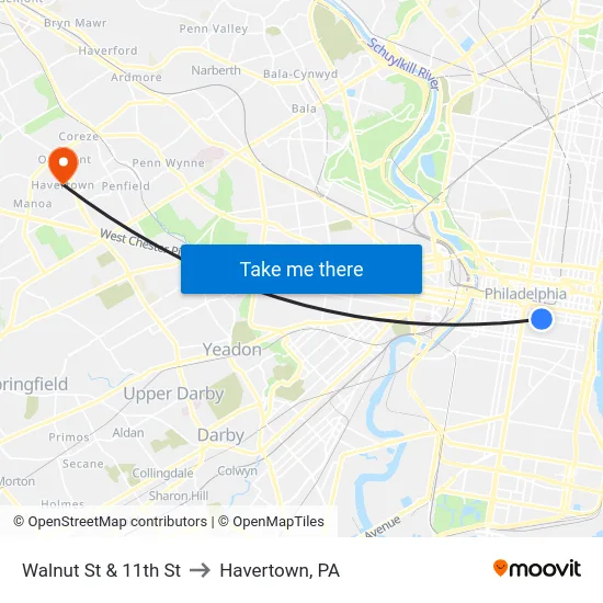 Walnut St & 11th St to Havertown, PA map