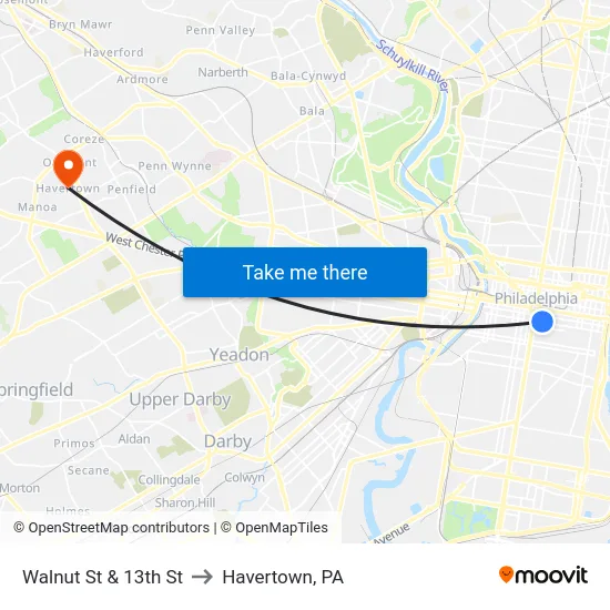 Walnut St & 13th St to Havertown, PA map