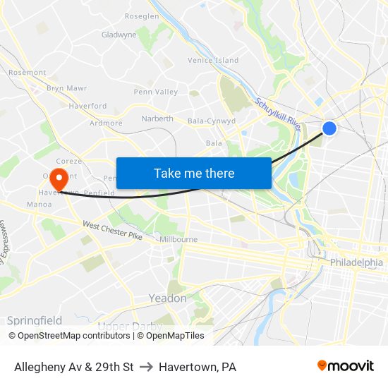 Allegheny Av & 29th St to Havertown, PA map