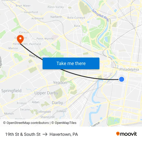 19th St & South St to Havertown, PA map