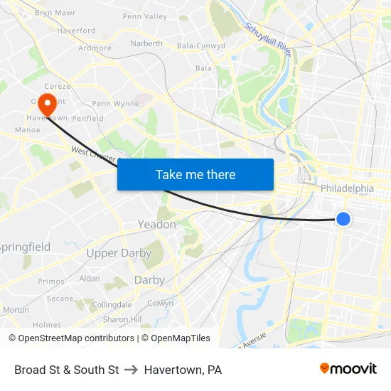 Broad St & South St to Havertown, PA map