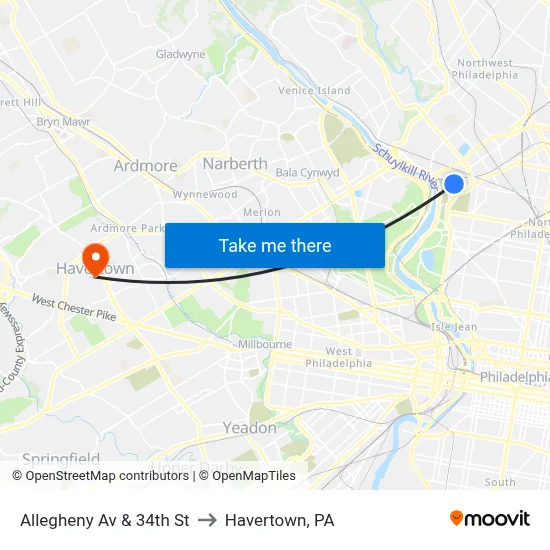 Allegheny Av & 34th St to Havertown, PA map