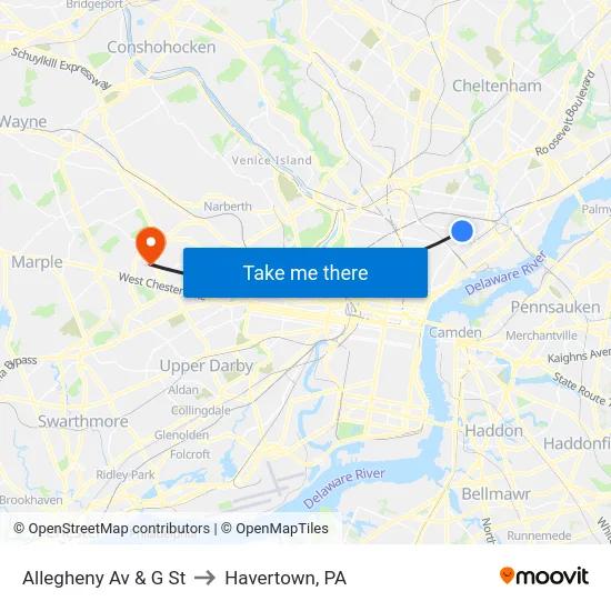 Allegheny Av & G St to Havertown, PA map