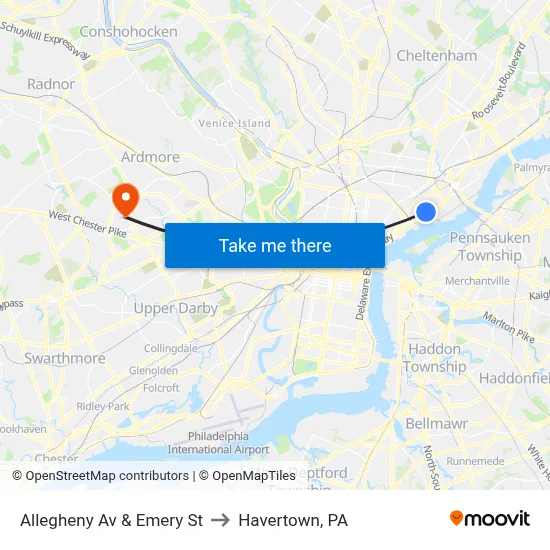 Allegheny Av & Emery St to Havertown, PA map