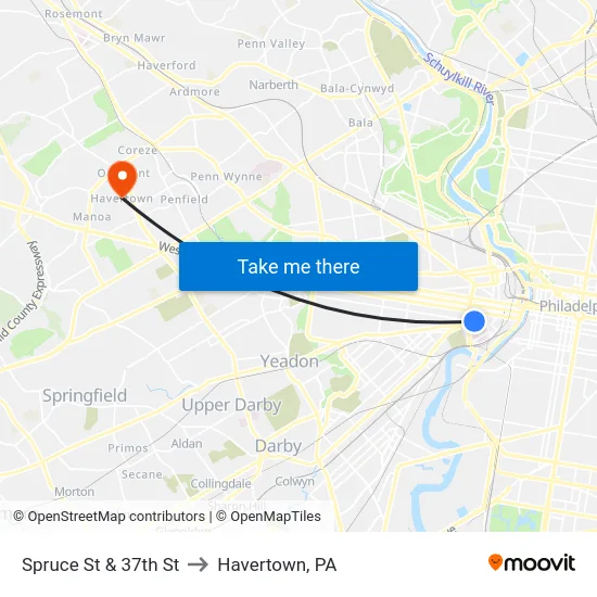 Spruce St & 37th St to Havertown, PA map
