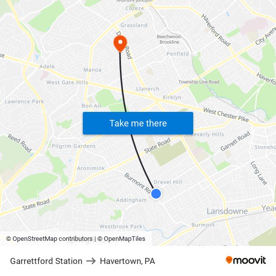 Garrettford Station to Havertown, PA map