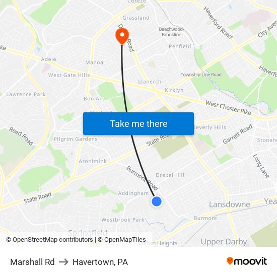 Marshall Rd to Havertown, PA map