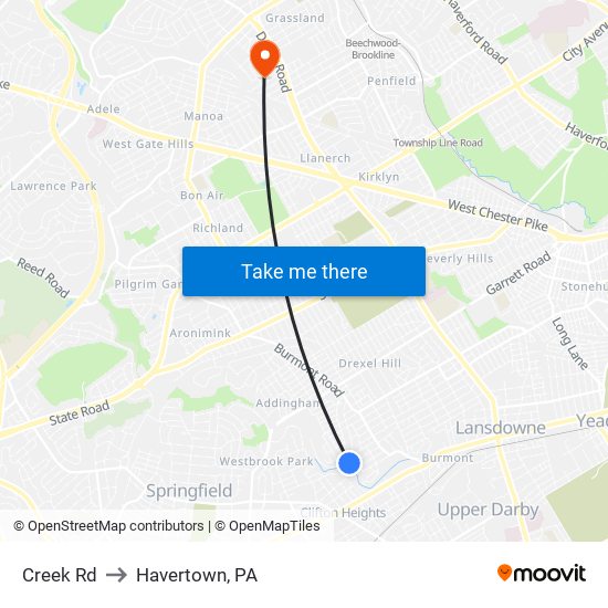 Creek Rd to Havertown, PA map