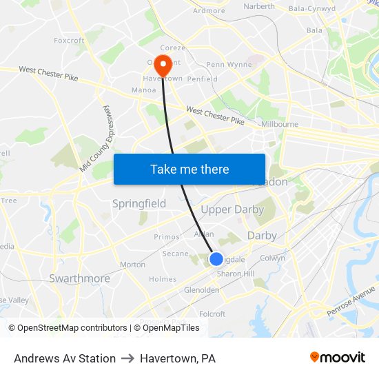 Andrews Av Station to Havertown, PA map