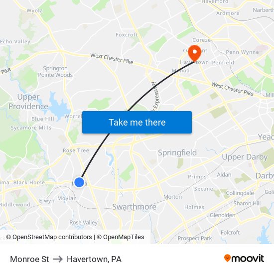 Monroe St to Havertown, PA map