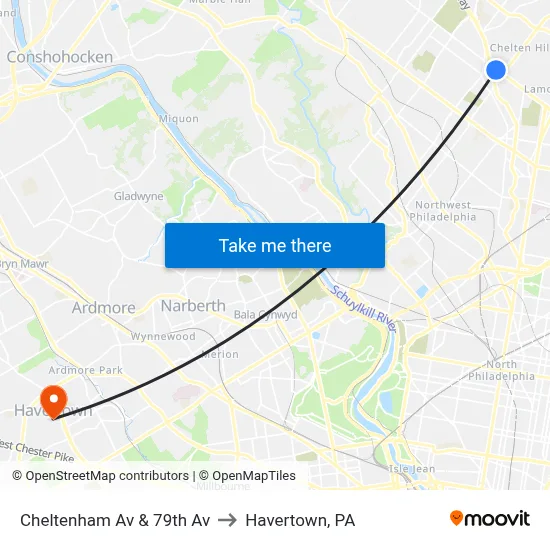 Cheltenham Av & 79th Av to Havertown, PA map