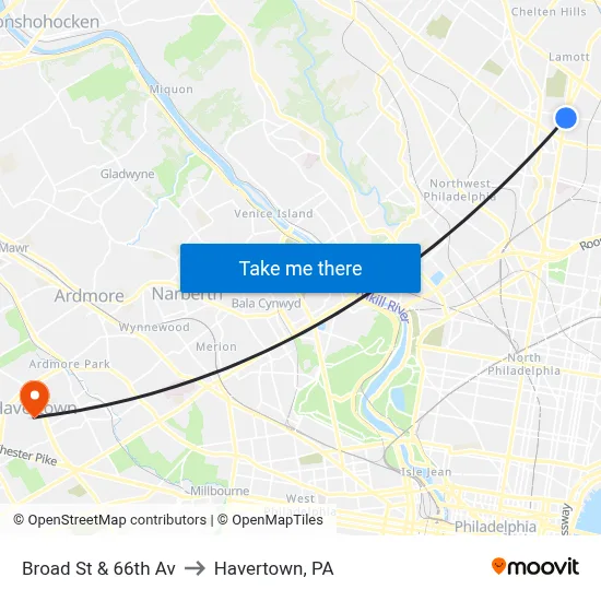 Broad St & 66th Av to Havertown, PA map