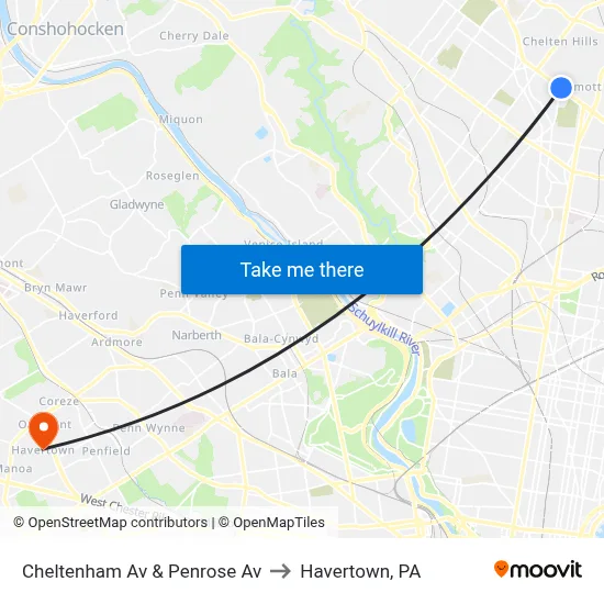 Cheltenham Av & Penrose Av to Havertown, PA map